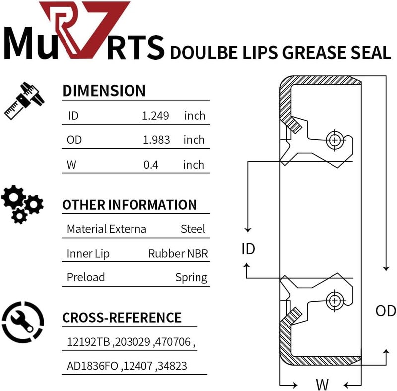 RV MURTS 4 Double Lip Grease Seals ID 1.249" x OD 1.983" for 2000-2200 lbs Trailer Axle Dexter Replacement, Sealer as 12192TB 203029 for Spindles Hub Wheel, Electric Brake Assemblies for Boat Trailers - Image 4